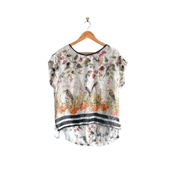 Papillon Blanc Tops - Papillon Women's Bird and Flowers Sheer Semi-Long Back Blouse White Small